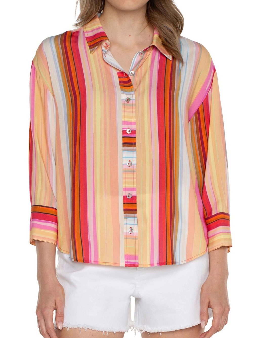 Liverpool Striped Button-Down Shirt in Pink, Orange, Red and Cream